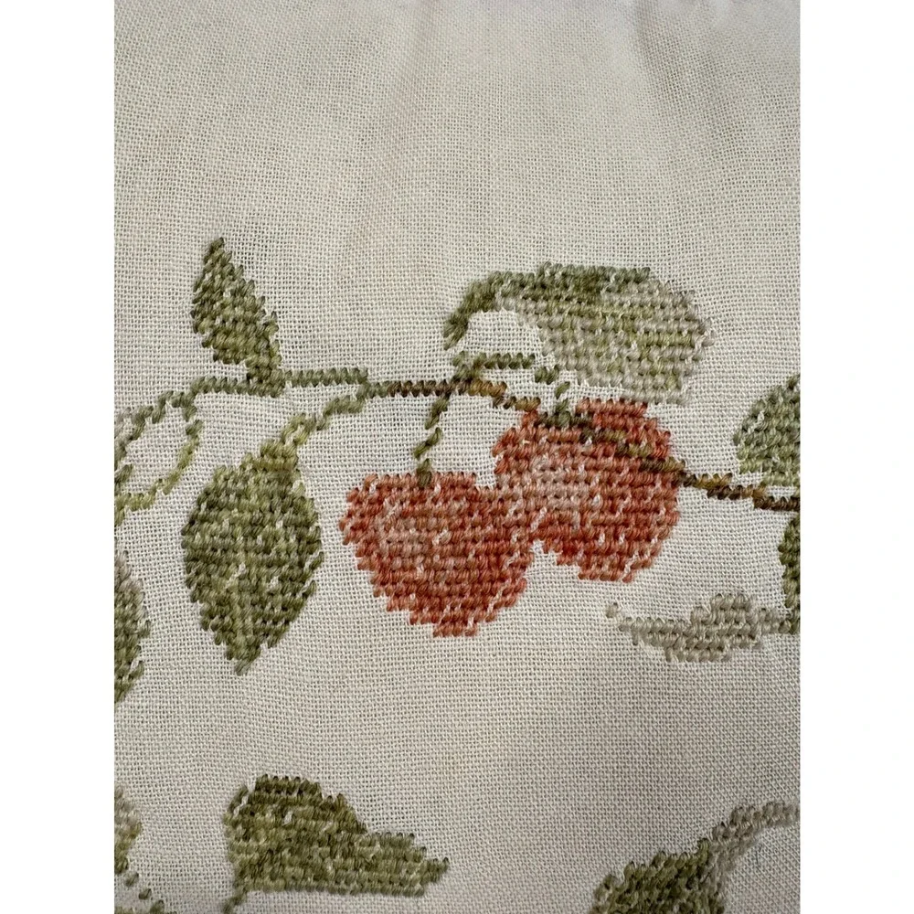 Vintage Cross Stitch Fruit Wreath Throw Pillow Lace Trim Cottagecore Cream 16x16